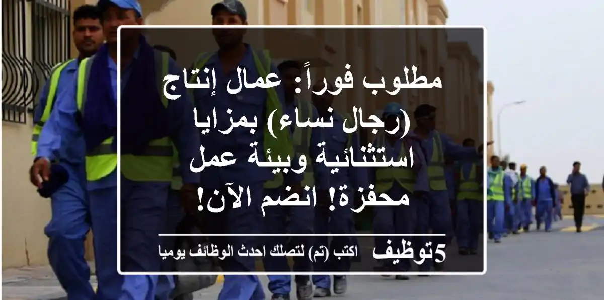 مطلوب فوراً: عمال إنتاج (رجال/نساء) بمزايا استثنائية وبيئة عمل محفزة! انضم الآن!