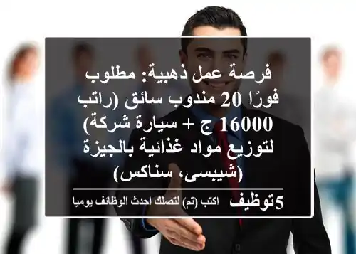 فرصة عمل ذهبية: مطلوب فورًا 20 مندوب سائق (راتب 16000 ج + سيارة شركة) لتوزيع مواد غذائية بالجيزة (شيبسي، سناكس)