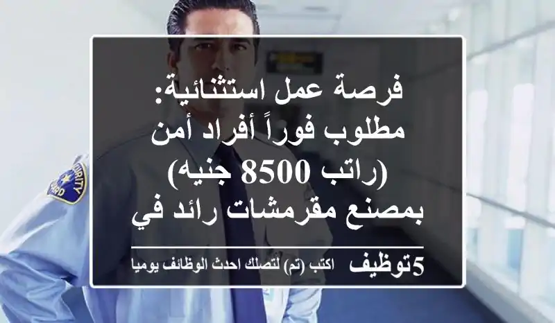 فرصة عمل استثنائية: مطلوب فوراً أفراد أمن (راتب 8500 جنيه) بمصنع مقرمشات رائد في 6 أكتوبر!
