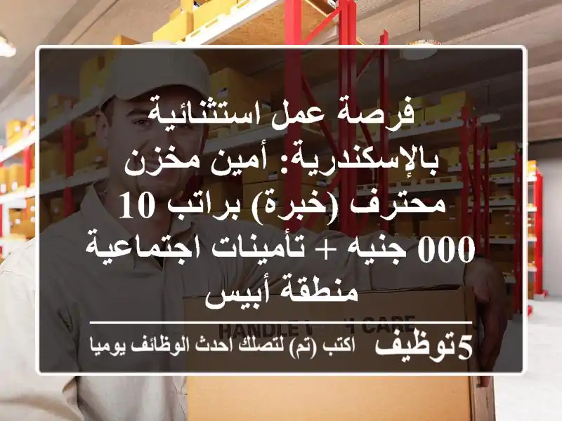 فرصة عمل استثنائية بالإسكندرية: أمين مخزن محترف (خبرة) براتب 10,000 جنيه + تأمينات اجتماعية - منطقة أبيس