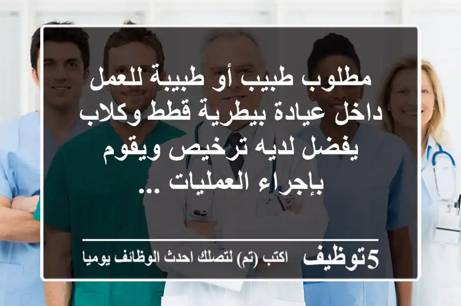 مطلوب طبيب أو طبيبة للعمل داخل عيادة بيطرية قطط وكلاب يفضل لديه ترخيص ويقوم بإجراء العمليات ...