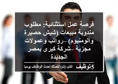 فرصة عمل استثنائية: مطلوب مندوبة مبيعات (شيش حصيرة وألومنيوم) – رواتب وعمولات مجزية – شركة كبرى بمصر الجديدة