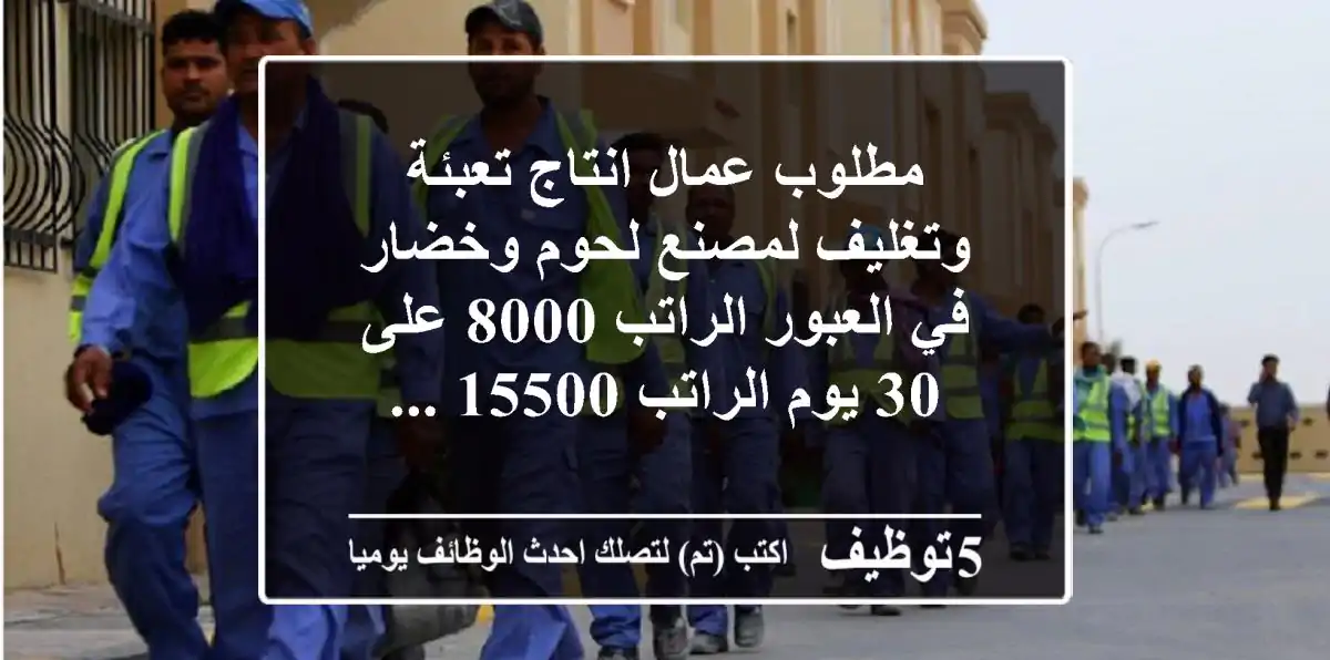 مطلوب عمال انتاج تعبئة وتغليف لمصنع لحوم وخضار في العبور الراتب 8000 على 30 يوم الراتب 15500 ...