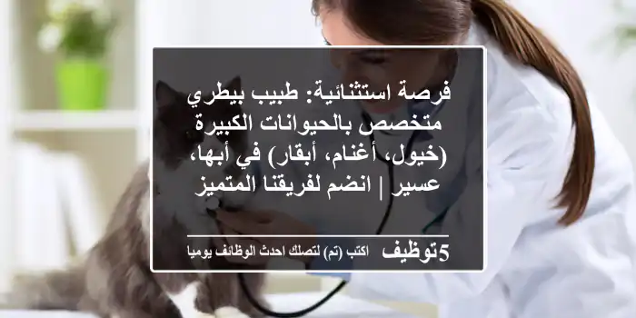 فرصة استثنائية: طبيب بيطري متخصص بالحيوانات الكبيرة (خيول، أغنام، أبقار) في أبها، عسير | انضم لفريقنا المتميز
